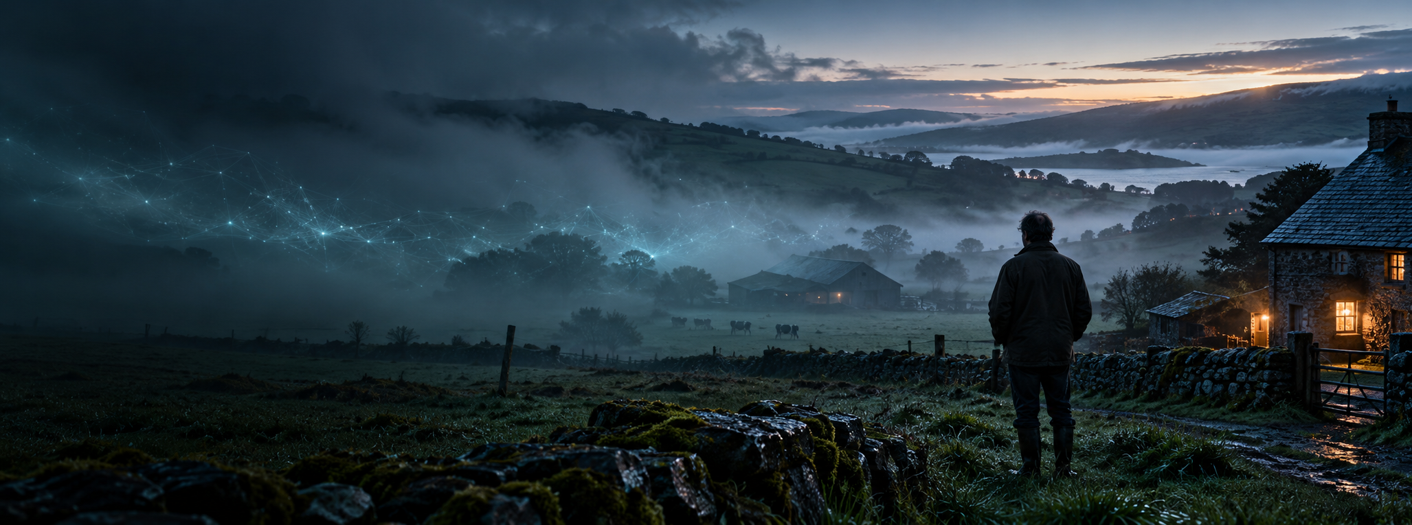 Un hombre contempla una granja irlandesa entre niebla y una sutil red de luz.